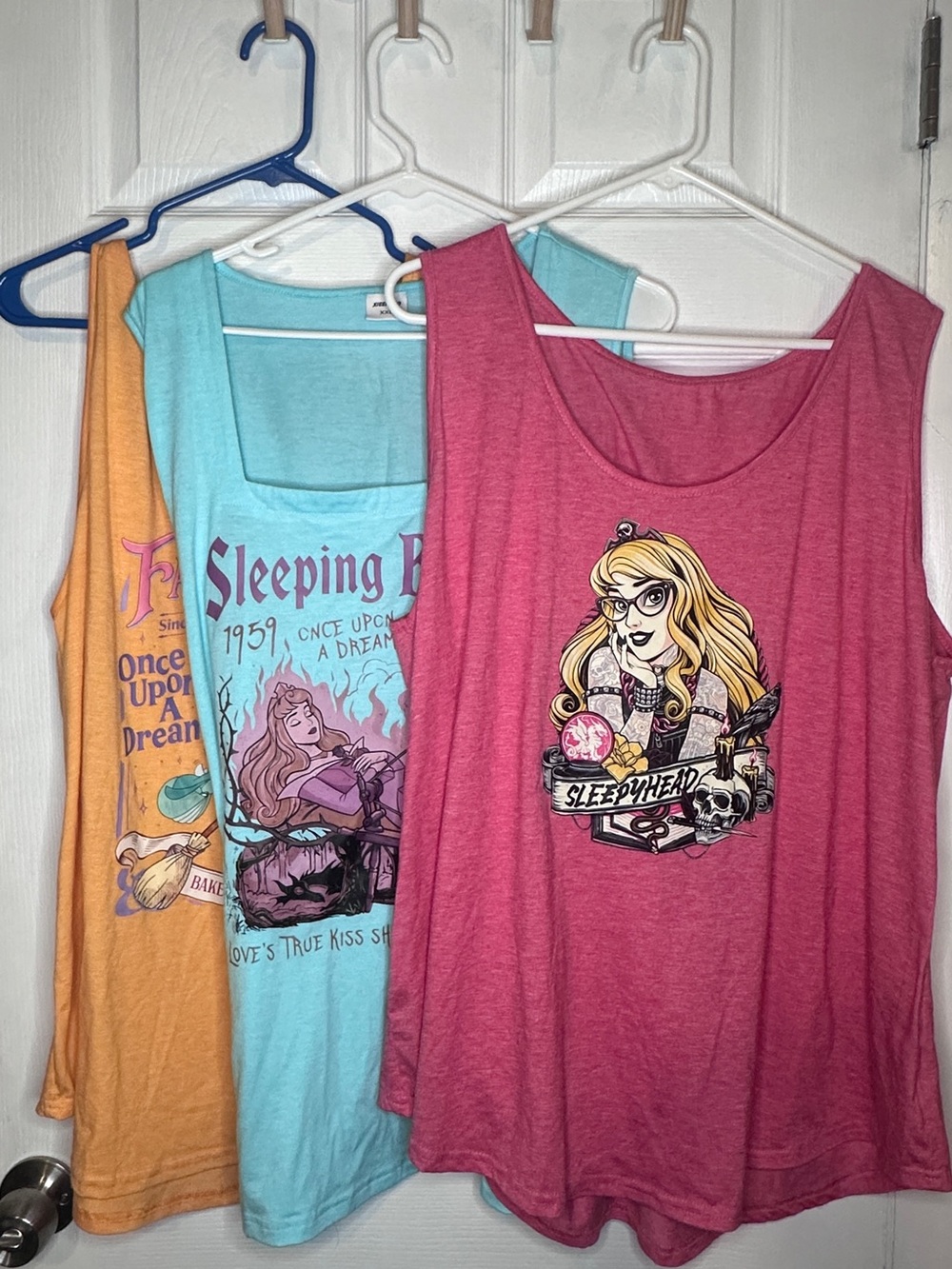 Disney Sleeping Beauty Tank Trio - Pink, Teal & Orange worn once